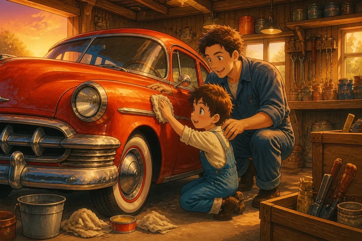 John and Tommy working together to restore the vintage car, surrounded by tools, with a warm sunset glow.