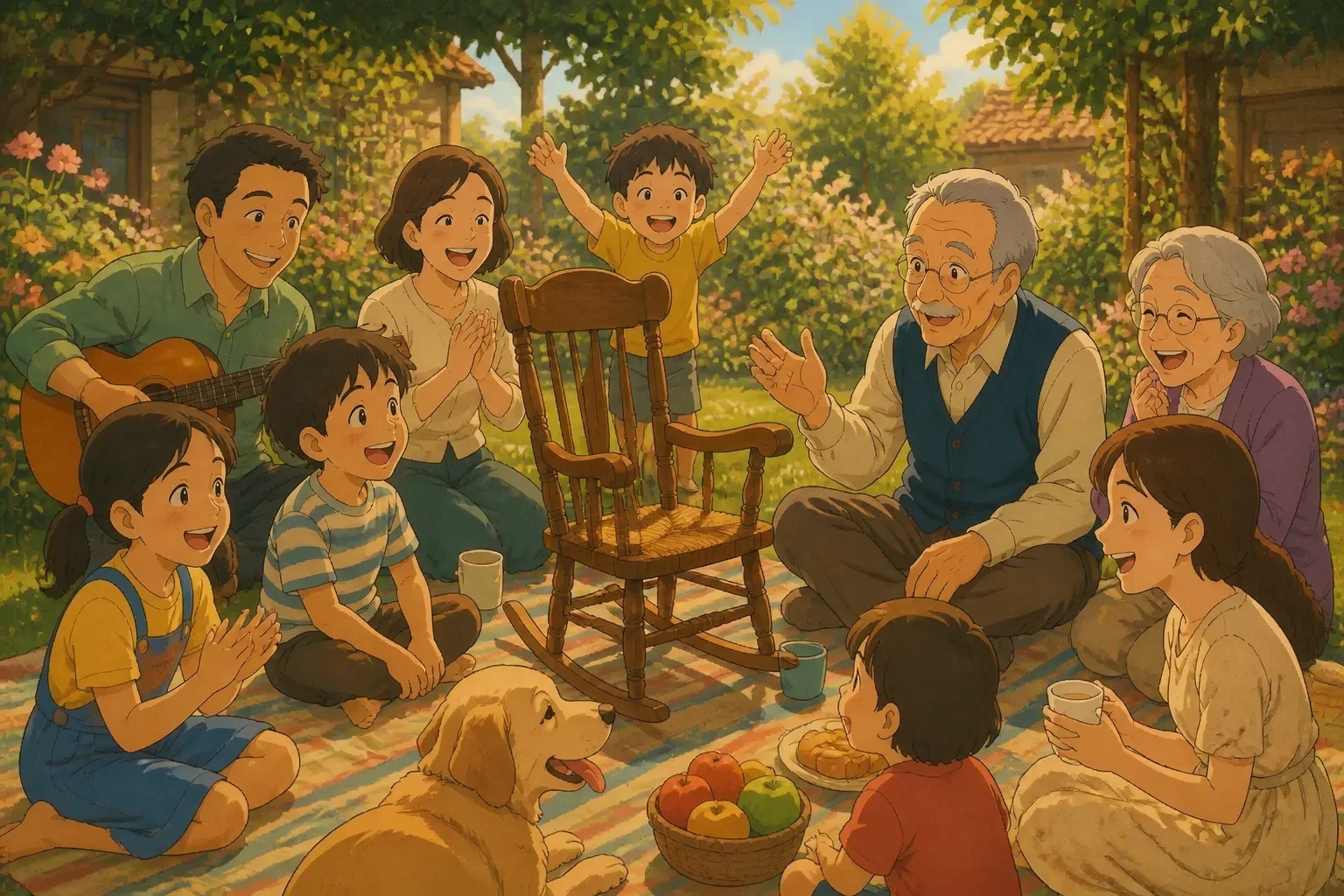 Family gathered in a vibrant garden, sitting on blankets and sharing stories around the old wooden chair, with happy and joyful expressions.