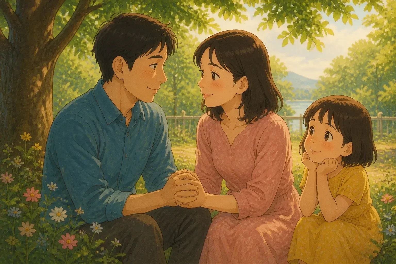 Emily’s parents talking kindly and holding hands in a peaceful park setting, with Emily watching happily.