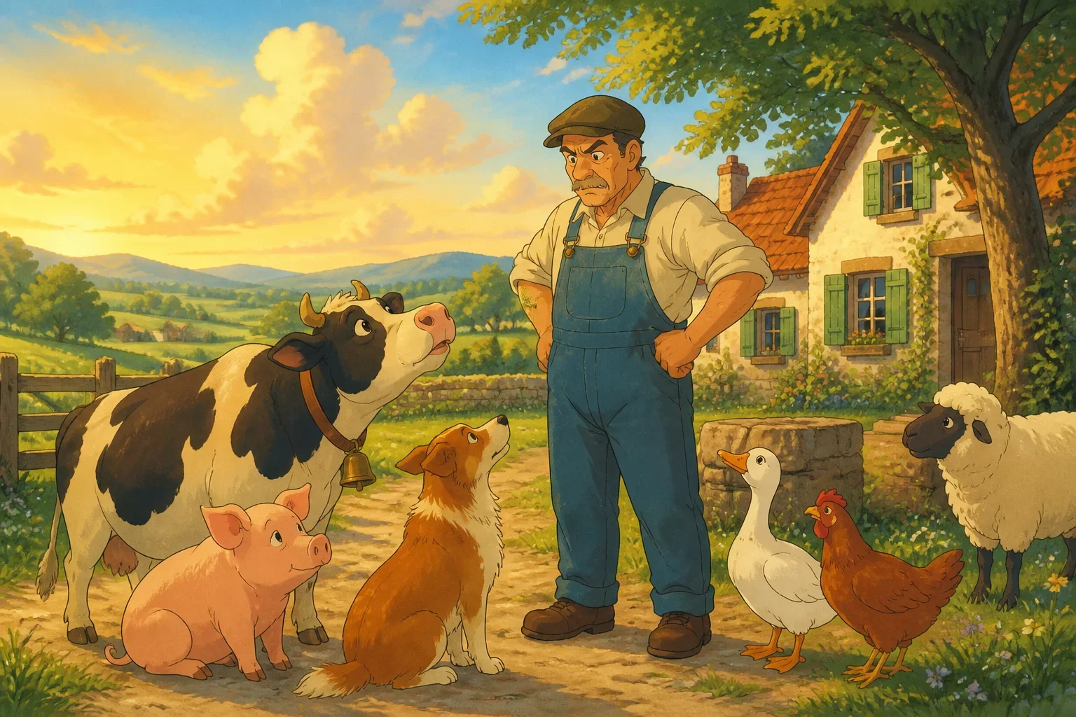 A warm and bright early morning on Willow Creek farm, with Mr. Blake standing outside his rustic farmhouse, looking thoughtfully at the lush green fields as Bella the cow, Spark the horse, Max the dog, and Whiskers the cat gather around him, showing anticipation and hope.