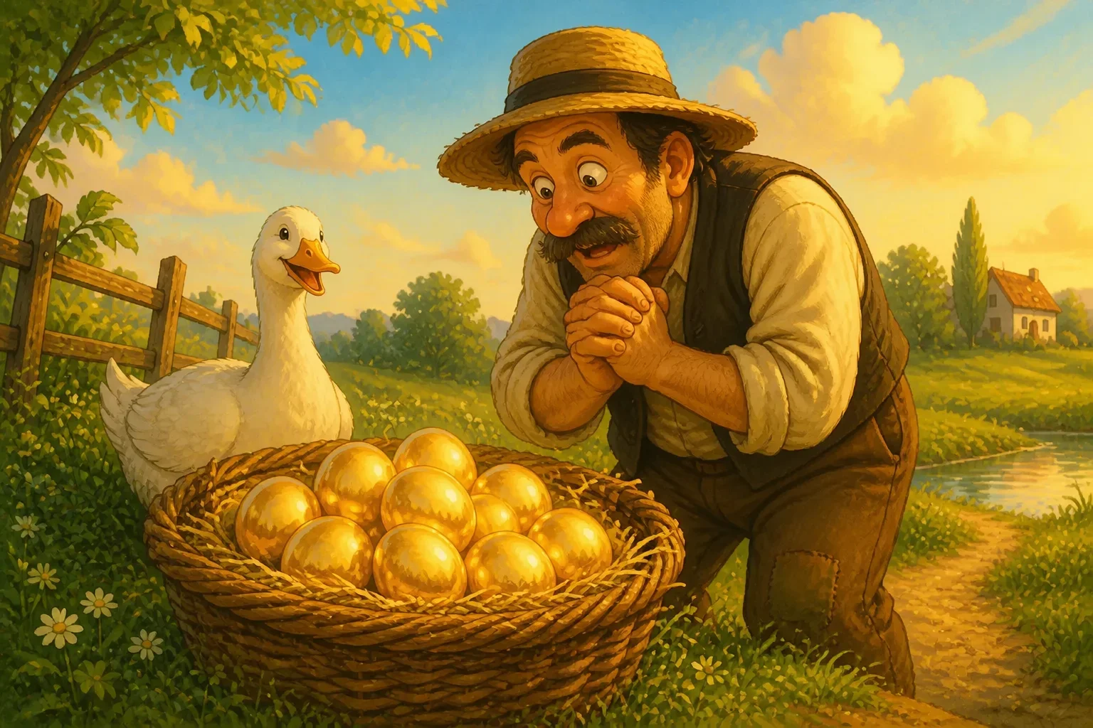 A farmer with a worried expression looking at a pile of golden eggs, contemplating greedily.
