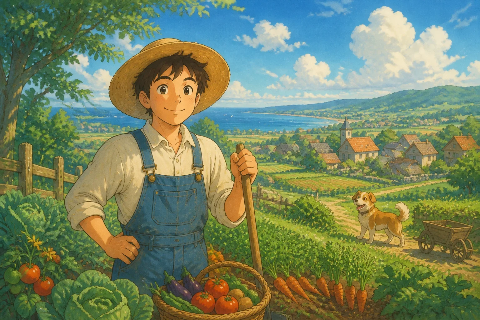 A cheerful farmer named Thomas walking through his lush, prosperous farm with golden wheat fields, vegetables, and fruit trees, under a bright, clear sky.