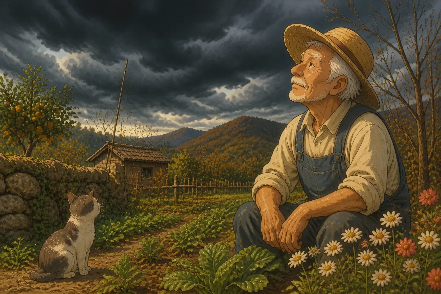 A farmer observing dark storm clouds gathering over his field, showing a moment of reflection and acceptance.