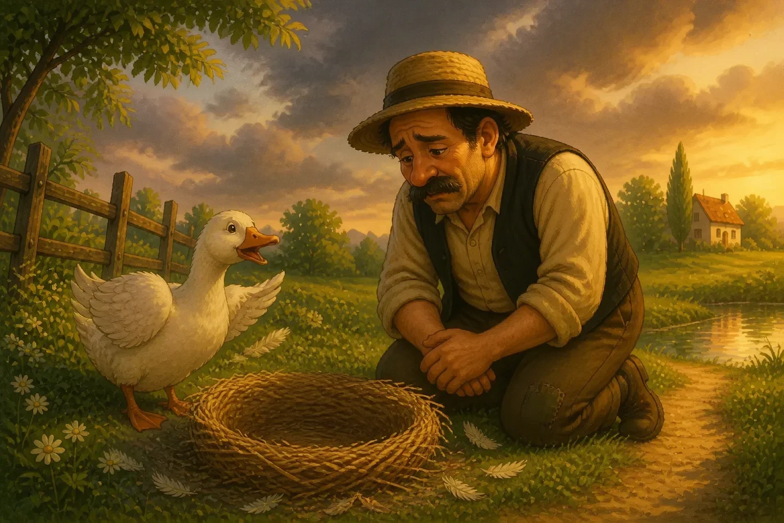 A regretful farmer kneeling next to a sad, feathered goose, with an empty nest and a somber sky.