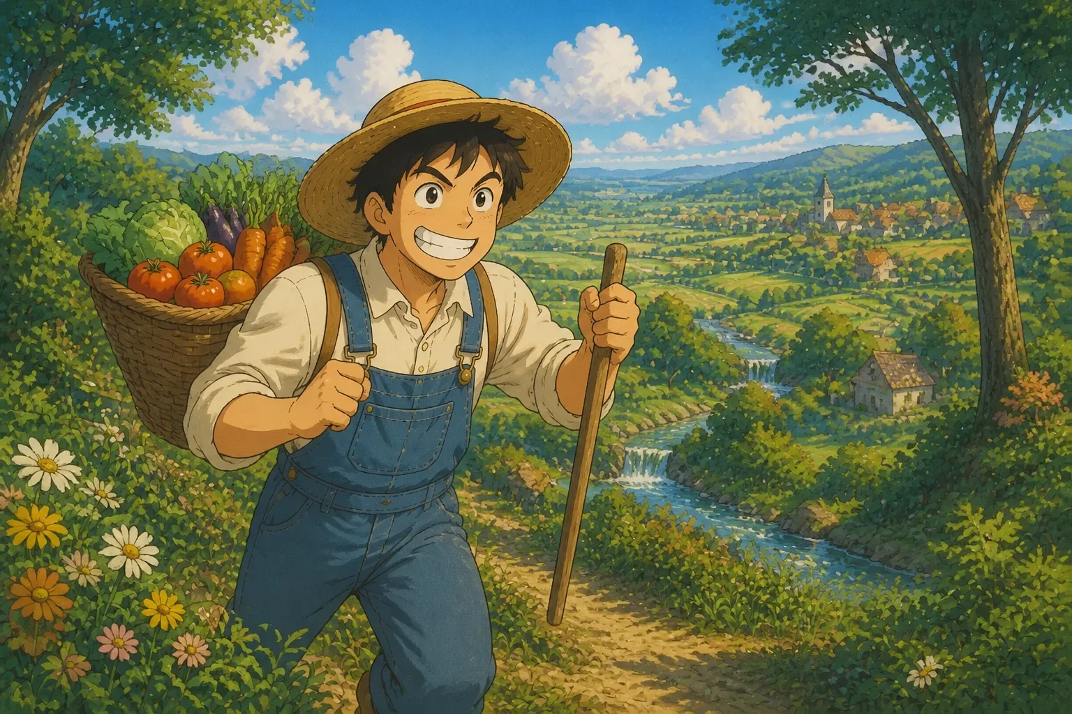 The farmer Thomas happily walking through endless, fertile land that stretches out in all directions, filled with trees and blooming fields, as he looks around with amazement and greed.