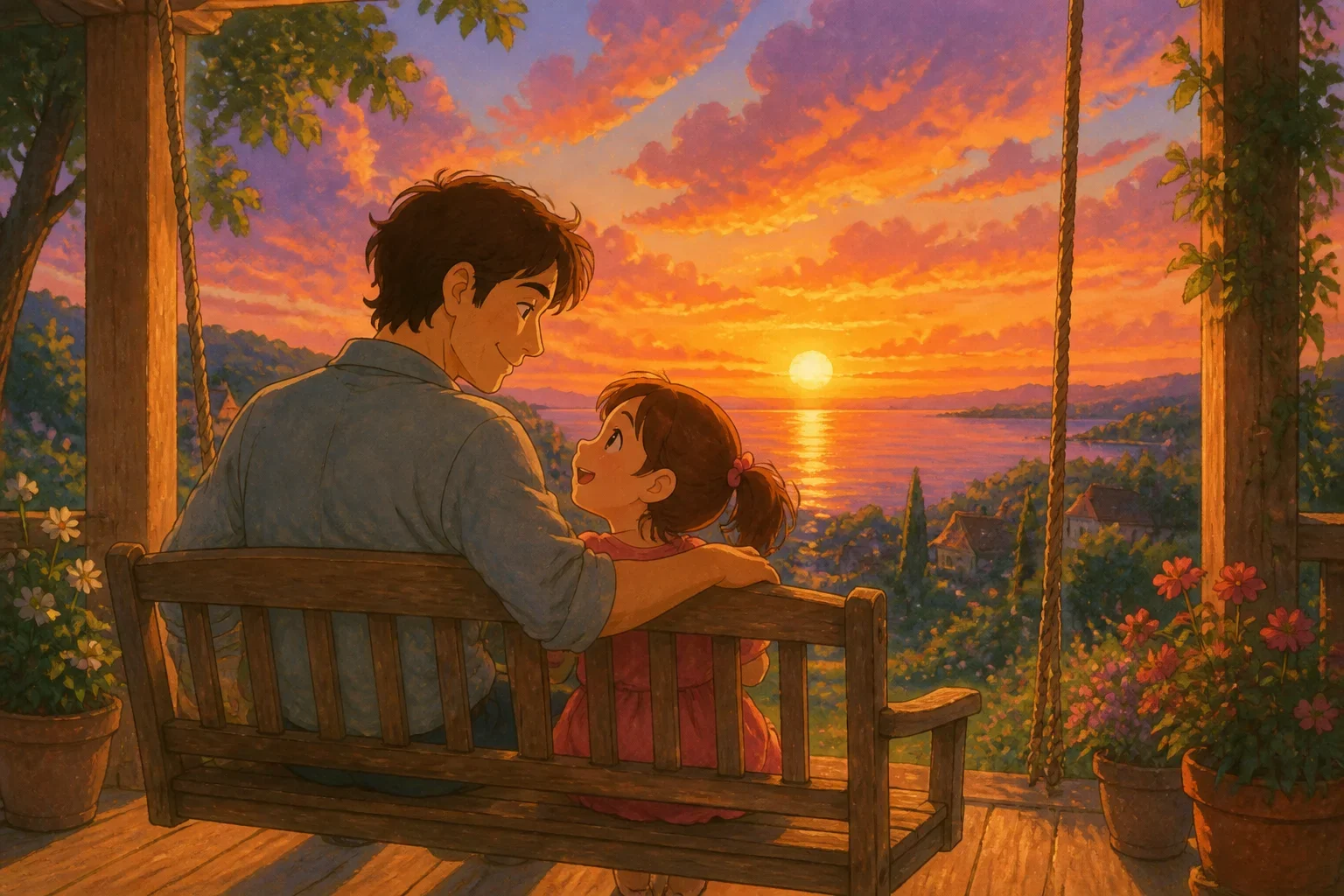 A father and daughter sitting together on a porch swing watching a colorful sunset, sharing a peaceful and joyful moment.