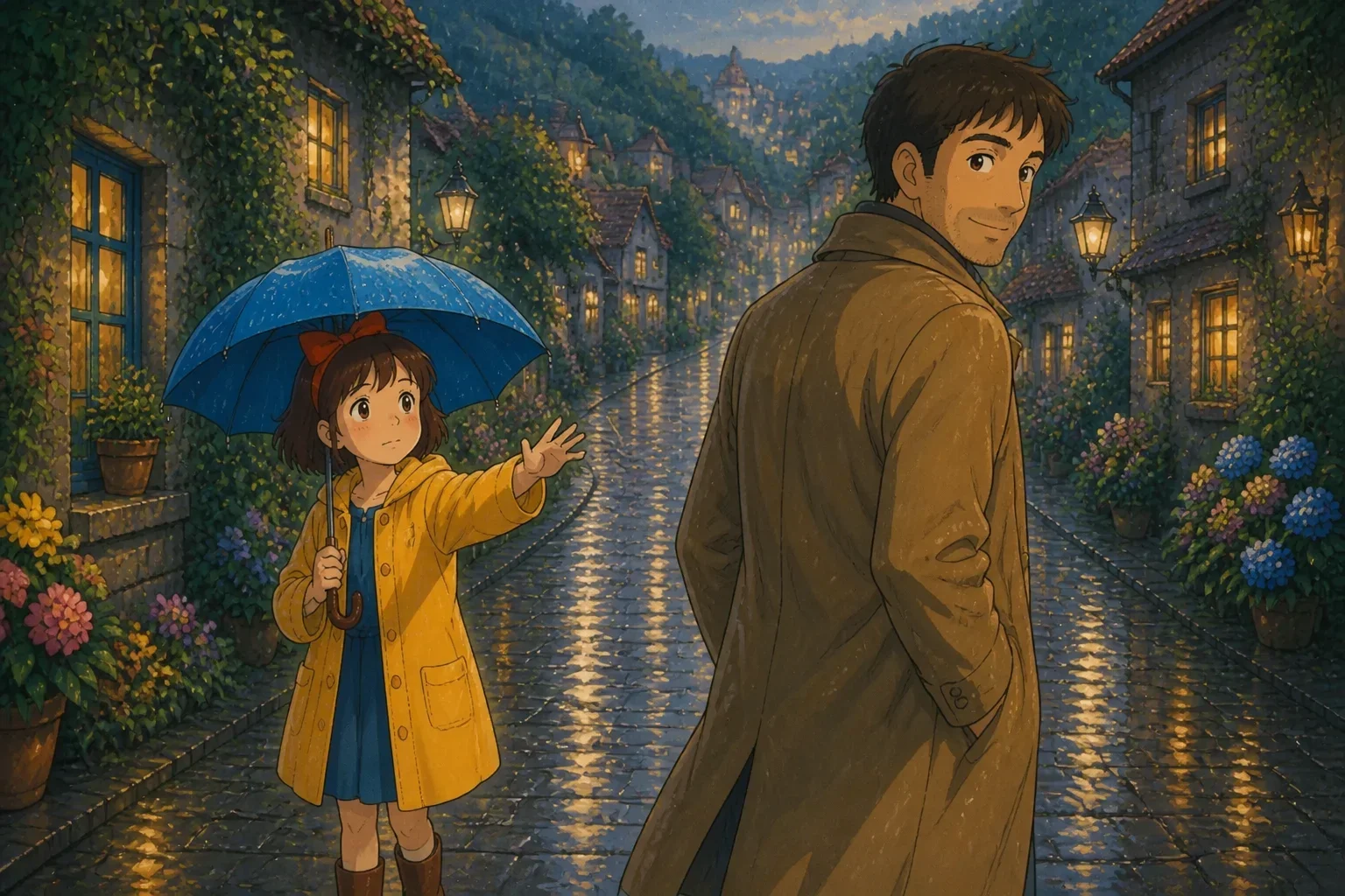 A father gently stepping away from his daughter under the rain, with her holding the umbrella, looking slightly confused but trusting, as he walks into the rain towards a market.