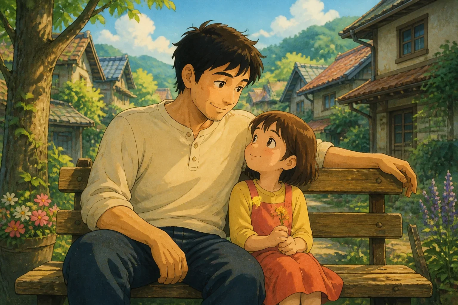 A caring father and his young daughter sitting together on a wooden bench in a peaceful village, sharing a tender moment and smiling at each other.