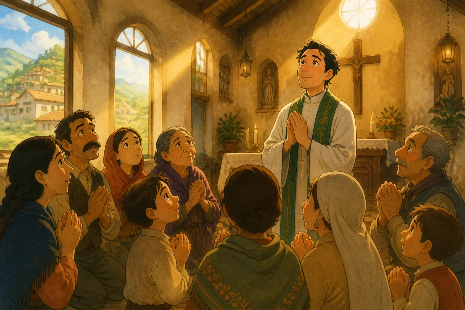 Father Michael and villagers gathered in the church, praying together during a severe drought, with worried faces and a sense of hope.