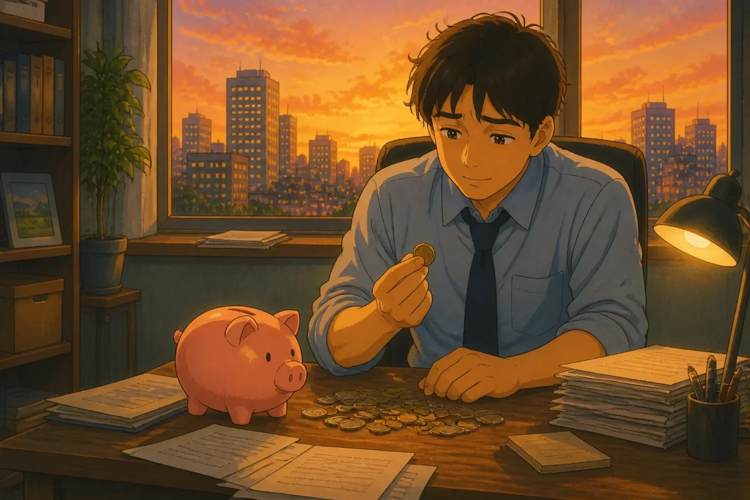A father sitting at his desk, looking thoughtfully at coins from his daughter's piggy bank with a gentle expression, realizing the true value of time.