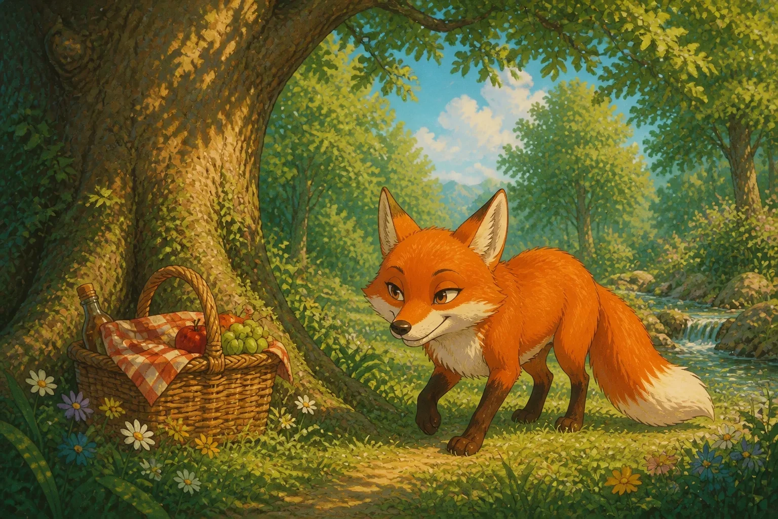 Felix the fox sneaking up to a red-and-white checkered picnic basket under a large oak tree, smelling the delicious food with anticipation.