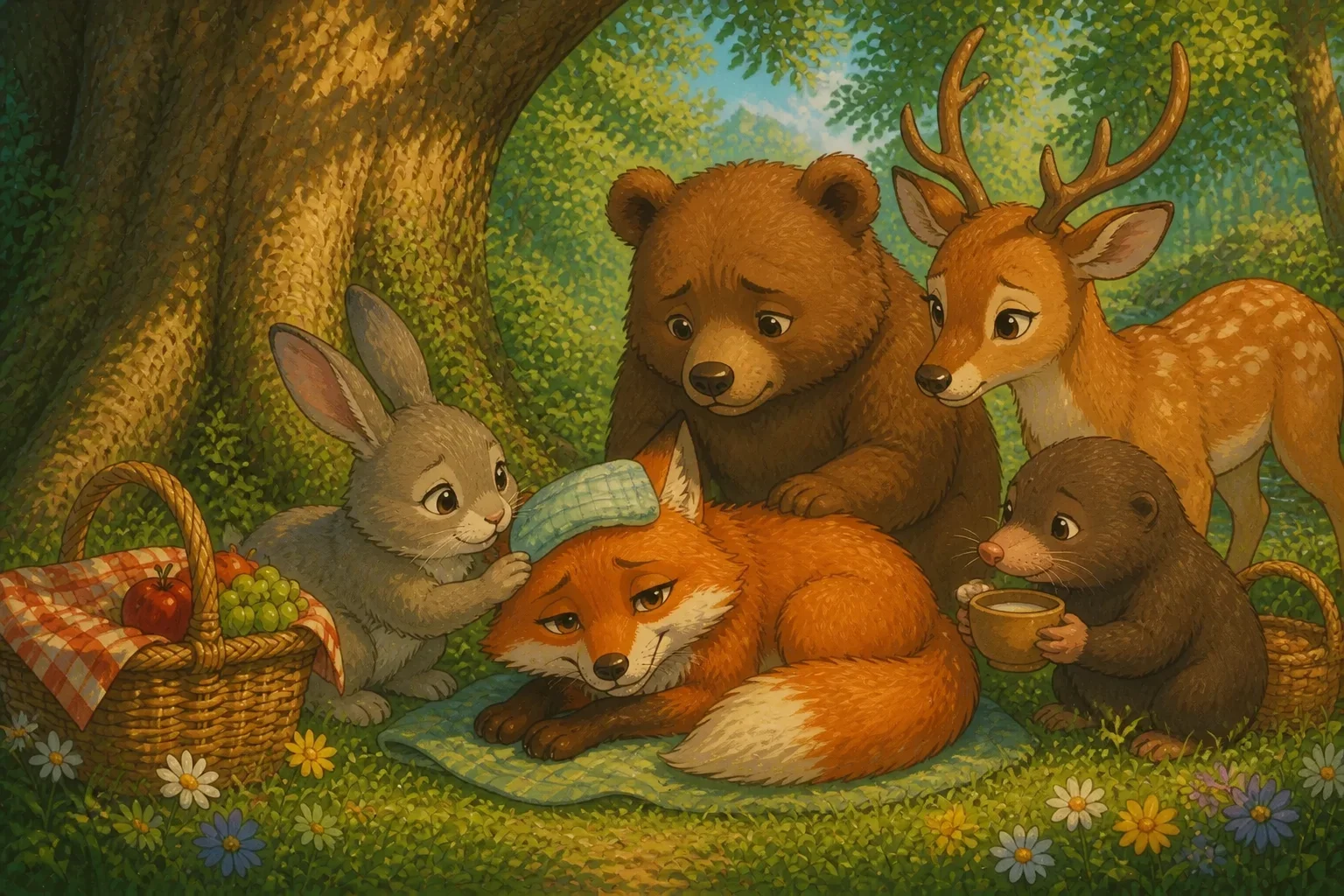 Felix the fox feeling sick and regretful, surrounded by worried forest animals like Benny the rabbit, Lucy the wise owl, and Max the squirrel, in a warm, caring scene.
