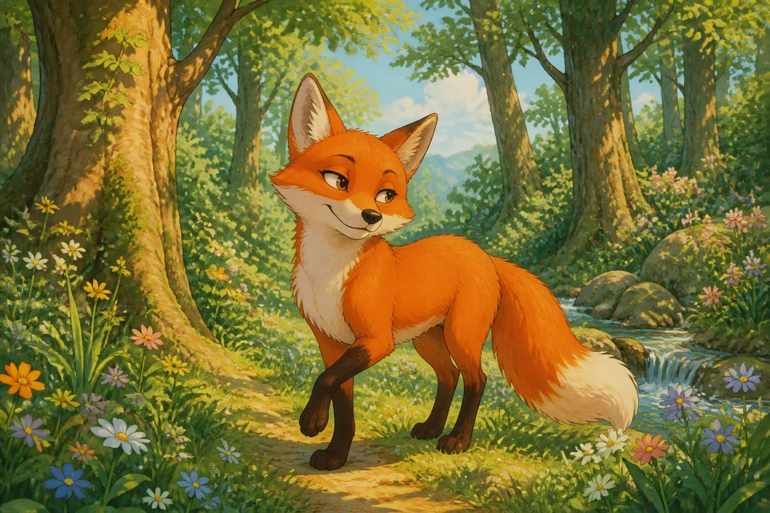 A clever fox named Felix walking through a lush green forest with tall trees and colorful wildflowers, looking curious and sly.