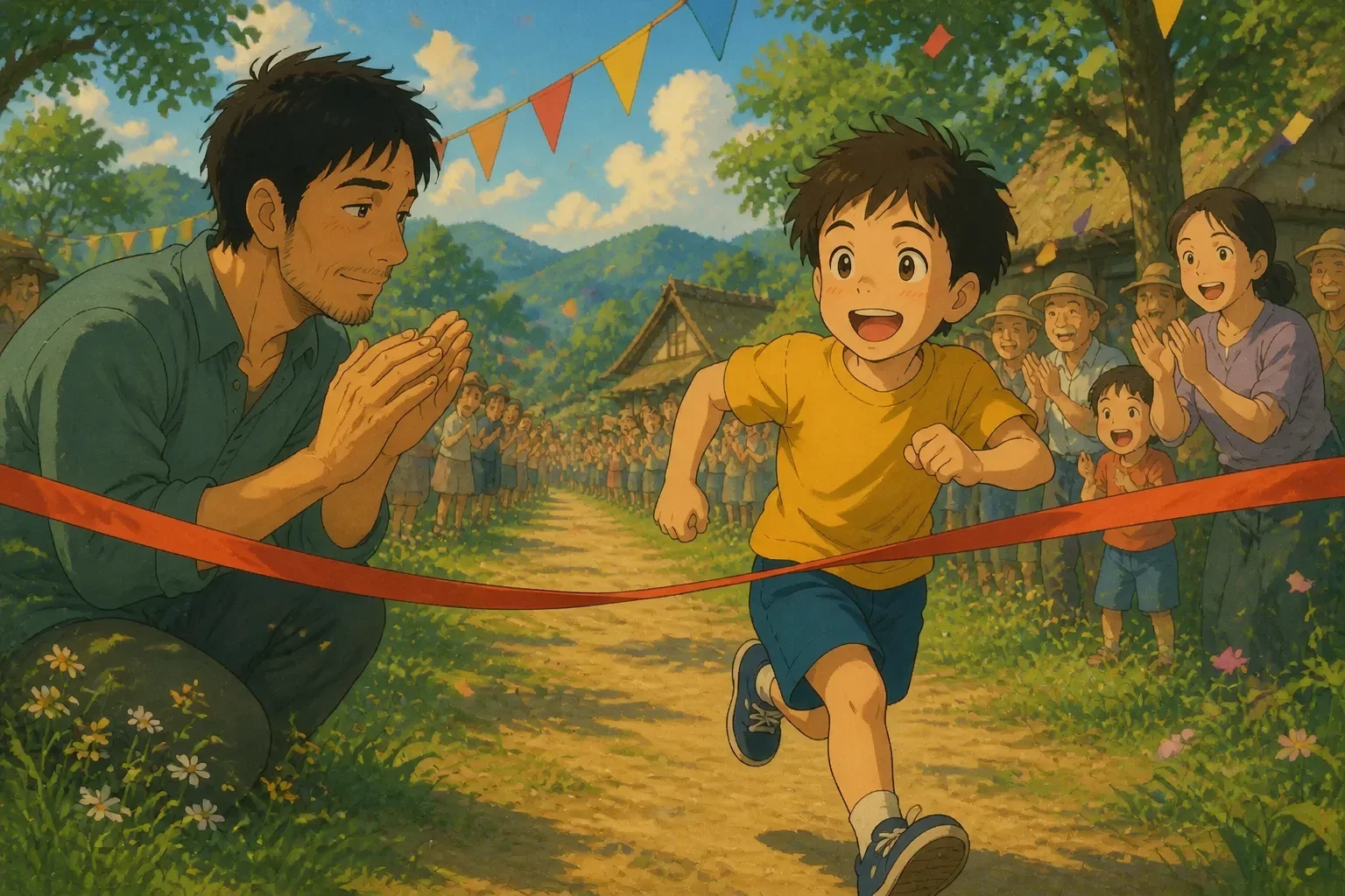 Young boy racing happily in a village field, glancing back with a proud smile towards an cheering father, crossing the finish line last but feeling victorious.
