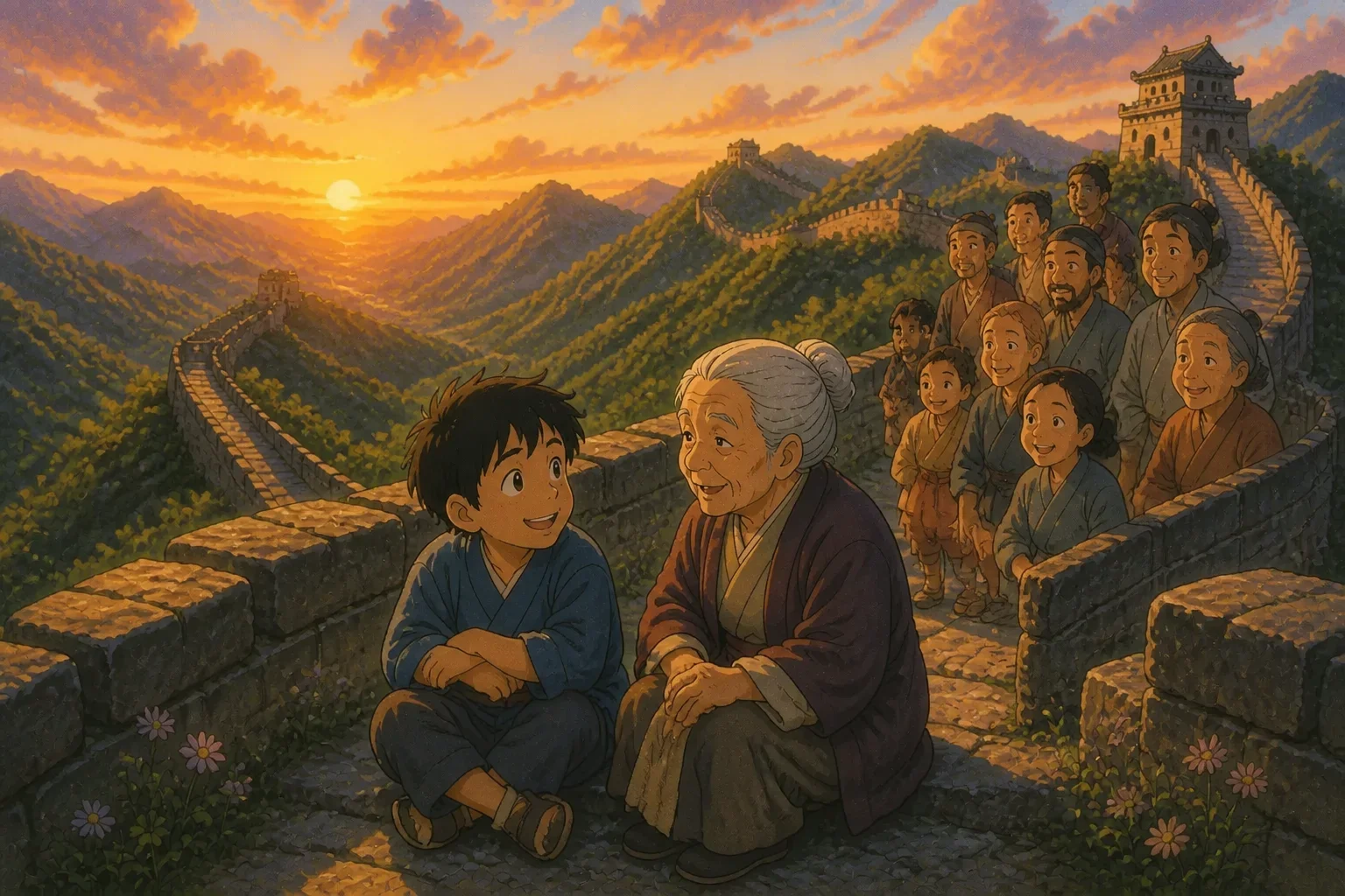 A majestic view of the Great Wall stretching across mountains at sunset, with happy villagers celebrating their achievement at the top.