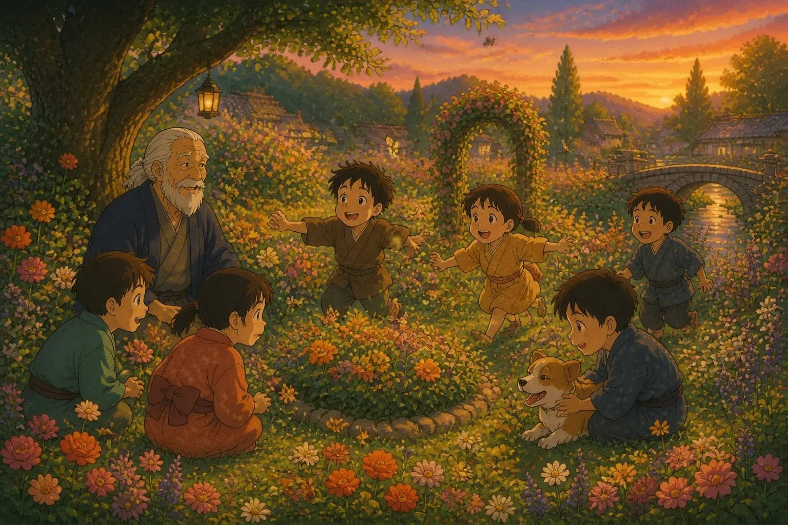 Colorful garden in full bloom where Layla’s house once stood, vibrant flowers and lush greenery symbolize her spirit living on through nature, children playing happily.