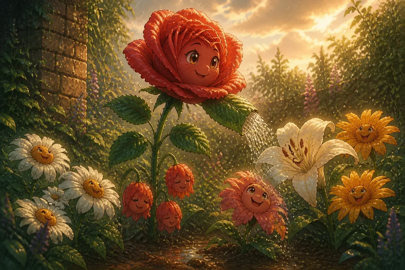 The proud rose helping other flowers in the garden, offering shade and water, showing kindness and humility.