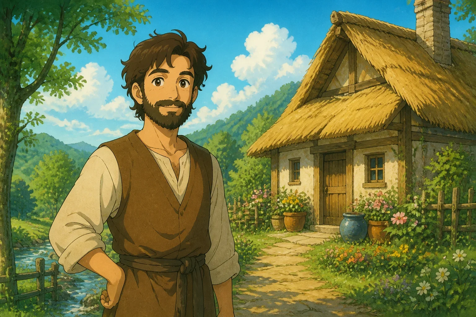 A humble woodcutter named Ravi standing at the edge of a lush green forest with a small cottage nearby, preparing for his day of work.