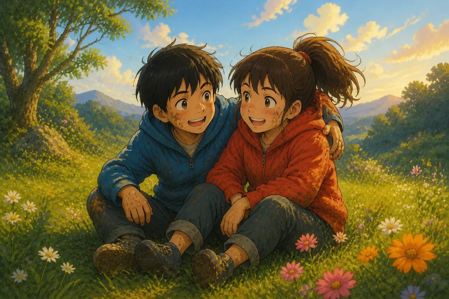 Two teenagers sitting peacefully on the grass, smiling and forgiving each other after the storm, with a calm, clear sky above.