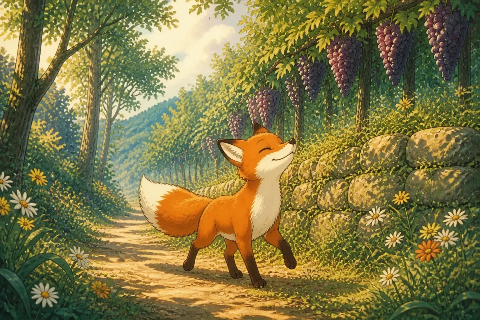 The fox walking away from the vineyard peacefully, with a thoughtful expression, leaving the grapes behind and looking content.