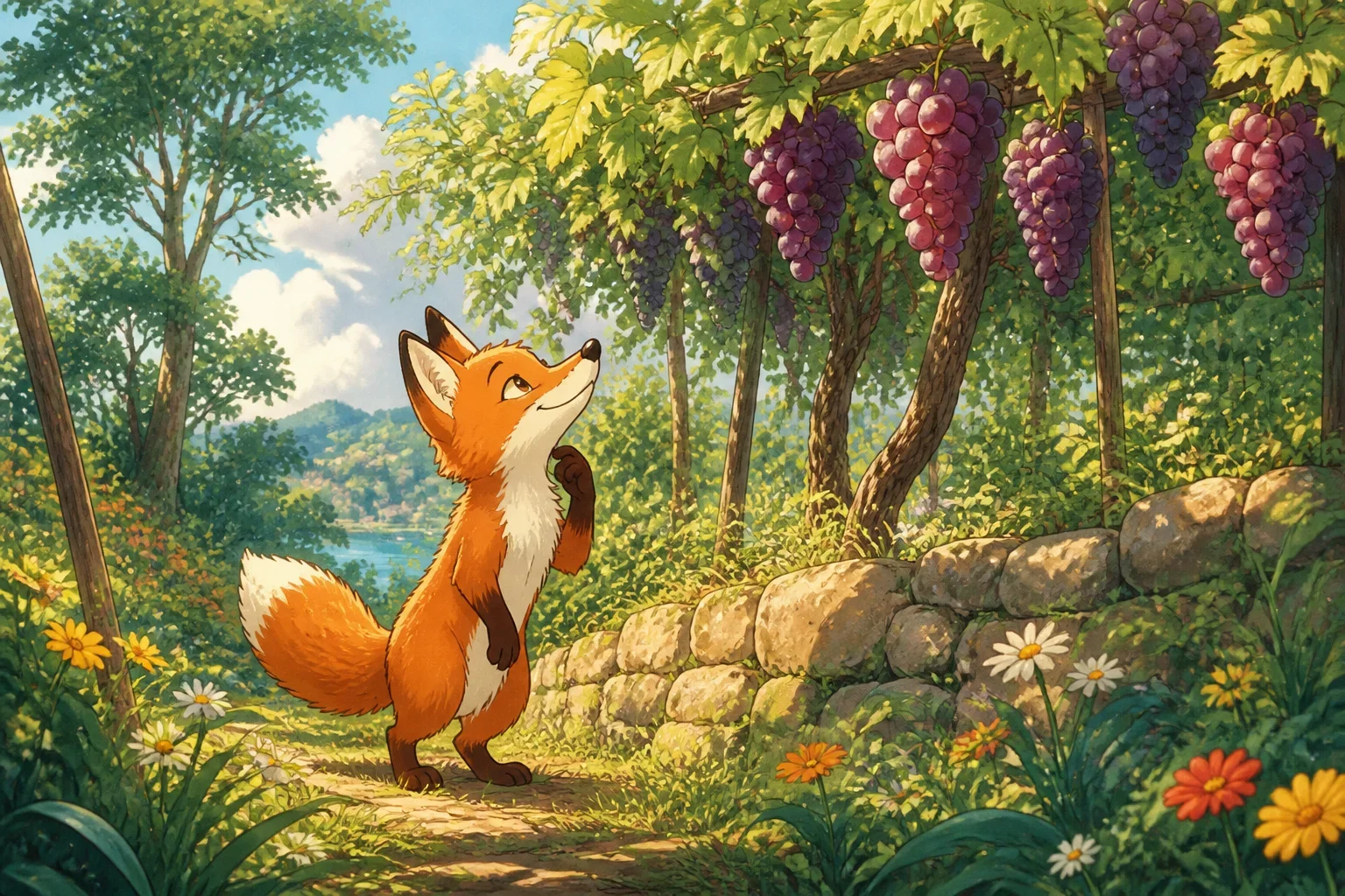 A clever orange fox approaching a lush vineyard, with ripe grapes hanging high on the vines, in a vibrant forest setting.