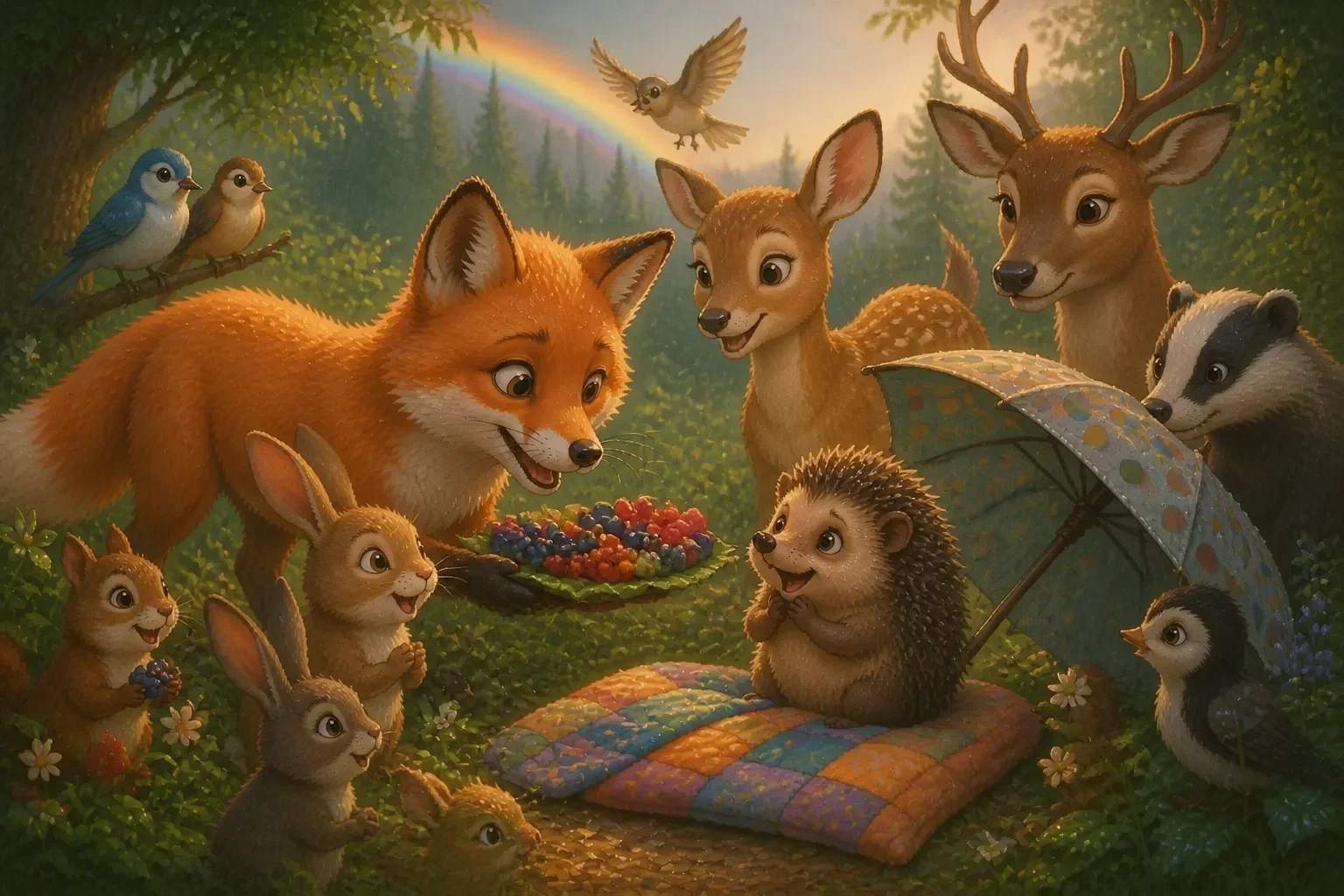 Hazel returning with her forest friends, bringing berries and a blanket to thank Felix for his kindness under a rainbow sky after the rain.