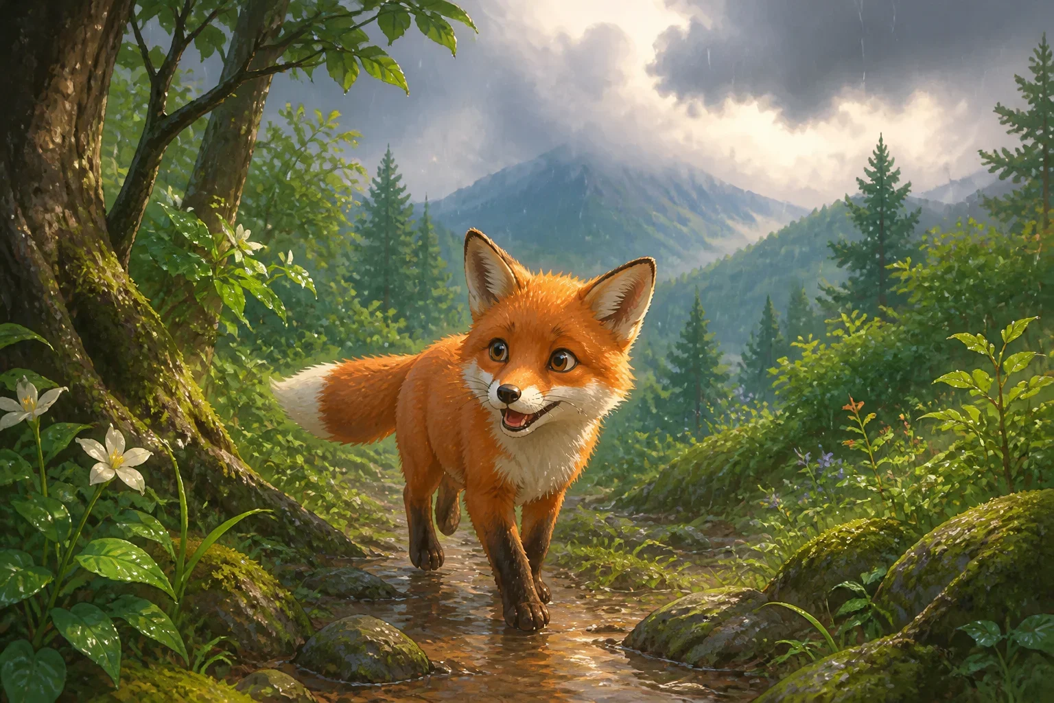 A cheerful fox named Felix exploring a lush, green forest on a rainy day, with clouds gathering overhead and trees whispering in the background.