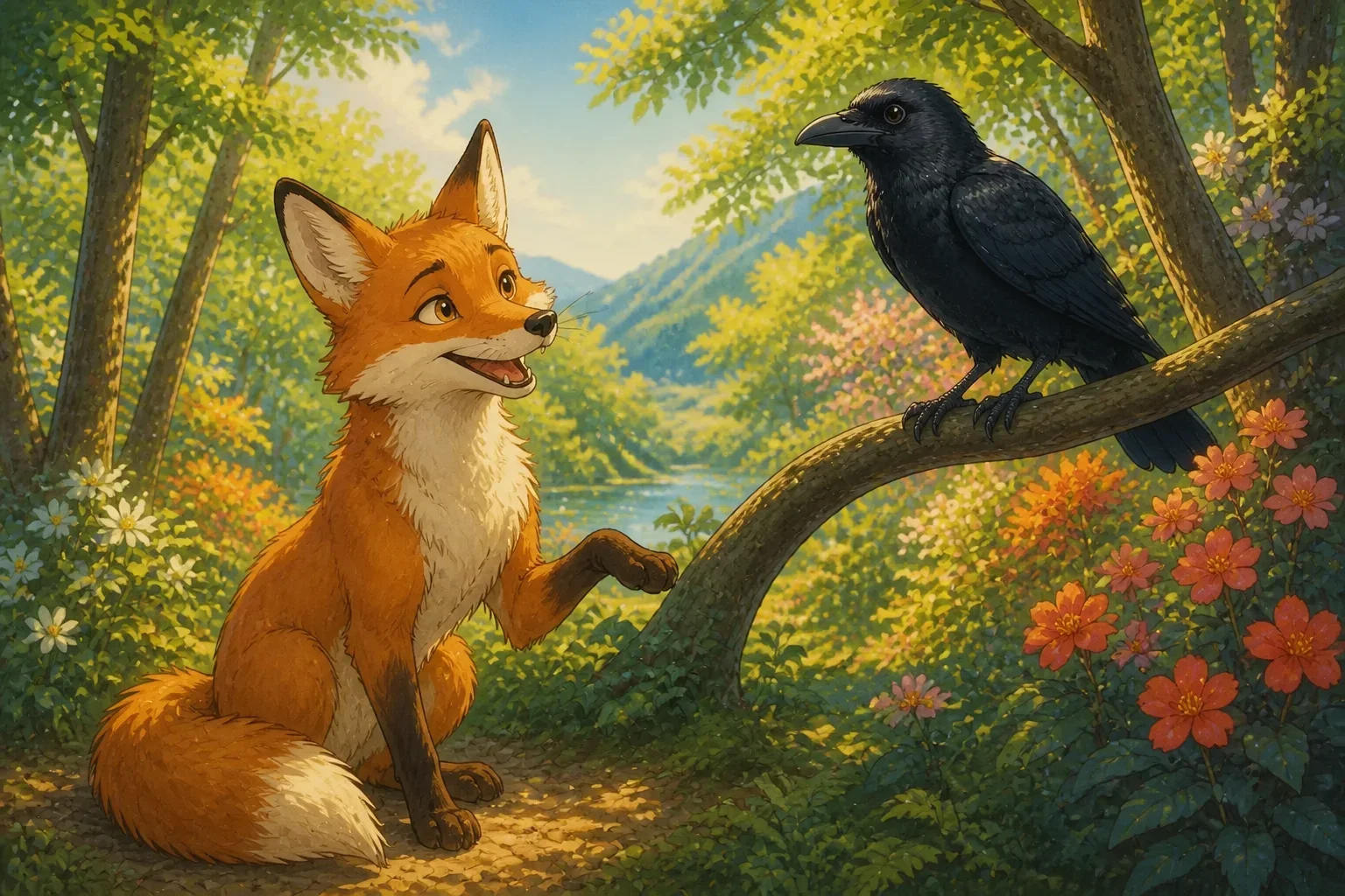 A cunning fox looking up at the crow with a charming smile, speaking sweetly while standing at the base of a leafy tree, as the crow listens attentively amidst the greenery.