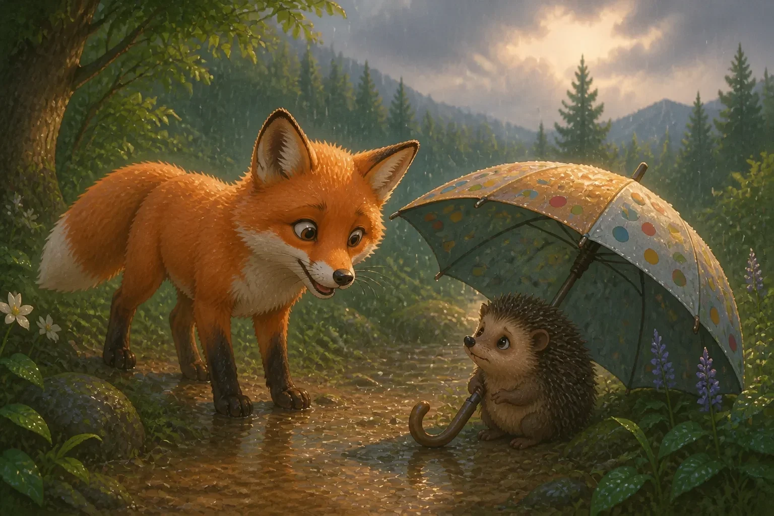 Felix finding a bright red umbrella in a forest clearing while a small, damp hedgehog named Hazel appears, looking worried as she explains the umbrella is hers.