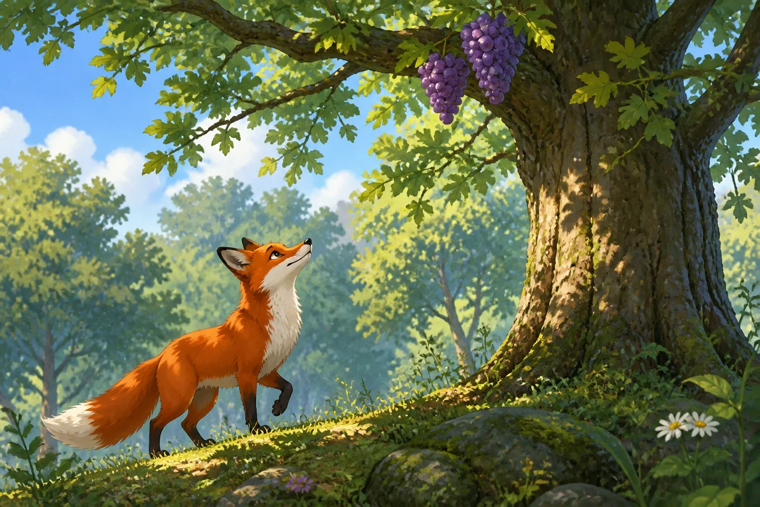 A clever fox named Felix standing on the ground, looking up at a cluster of ripe grapes hanging high from a sturdy oak tree, with a determined expression.