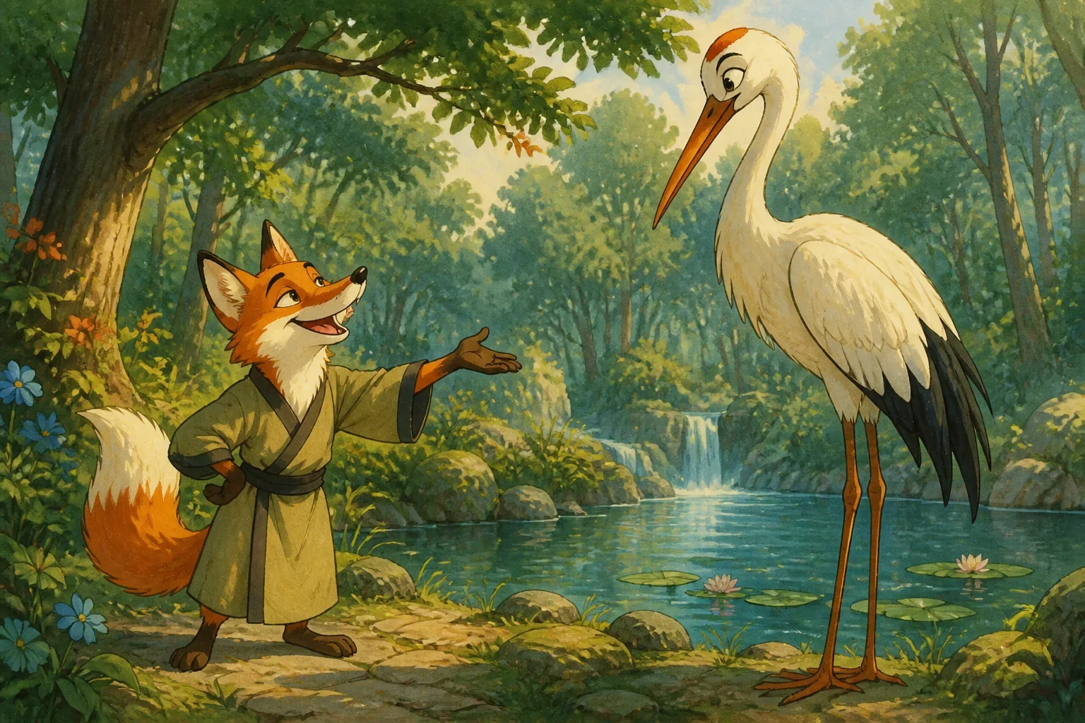 A cunning fox with a sly smile inviting a graceful stork to dinner by a peaceful forest pond.