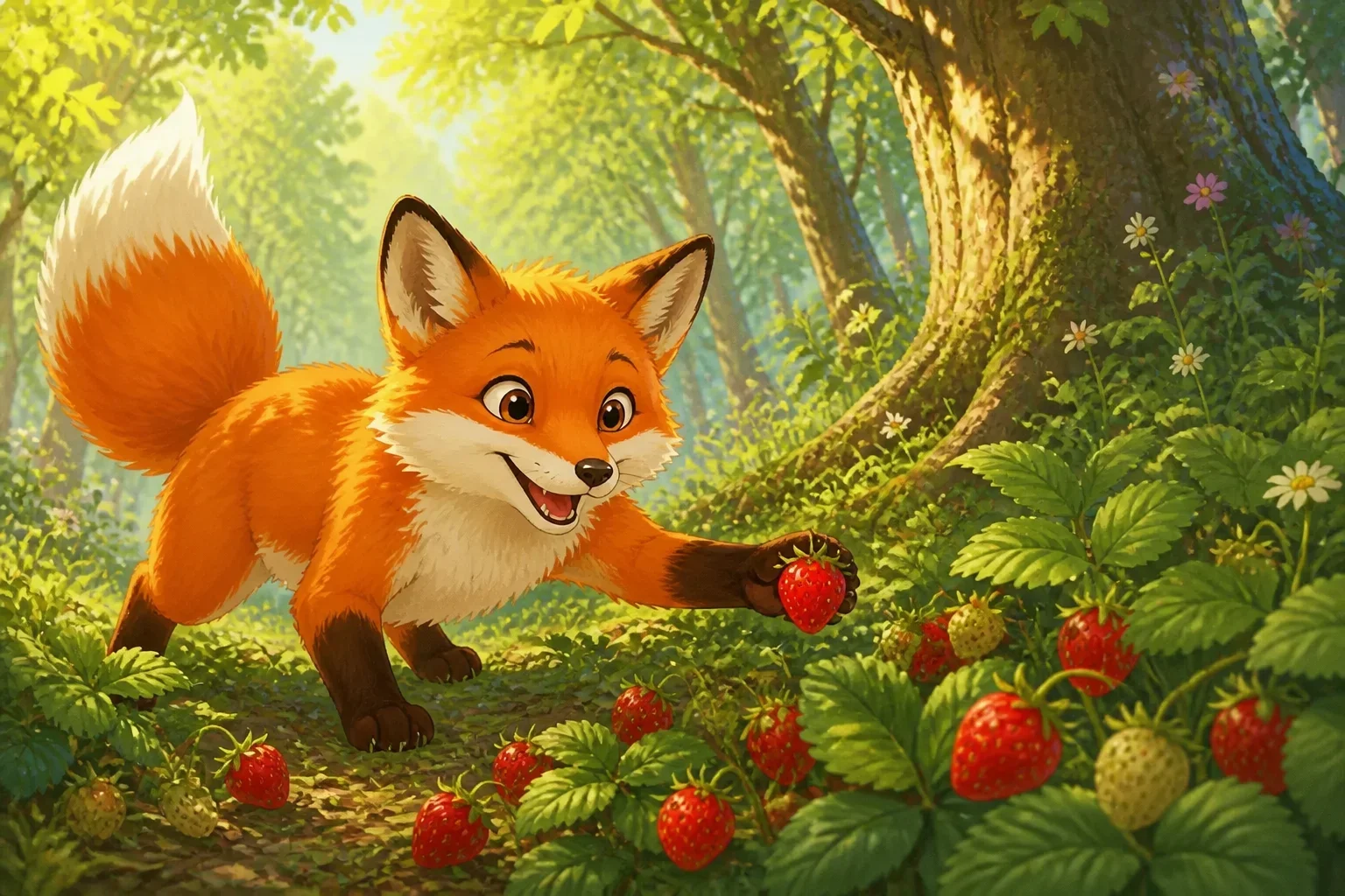 Felix the fox climbing down from the tree with a happy expression, near ripe strawberries on the ground, in a lush forest setting.