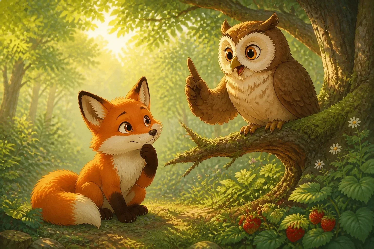 A wise old owl perched on a branch speaking to Felix the fox, who looks thoughtful, as the forest background glows warmly in the evening.