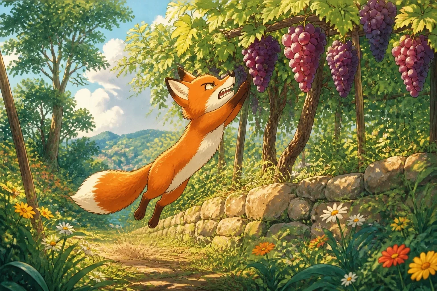 The fox jumping and stretching towards the high hanging grapes, trying hard to reach them with effort and determination.