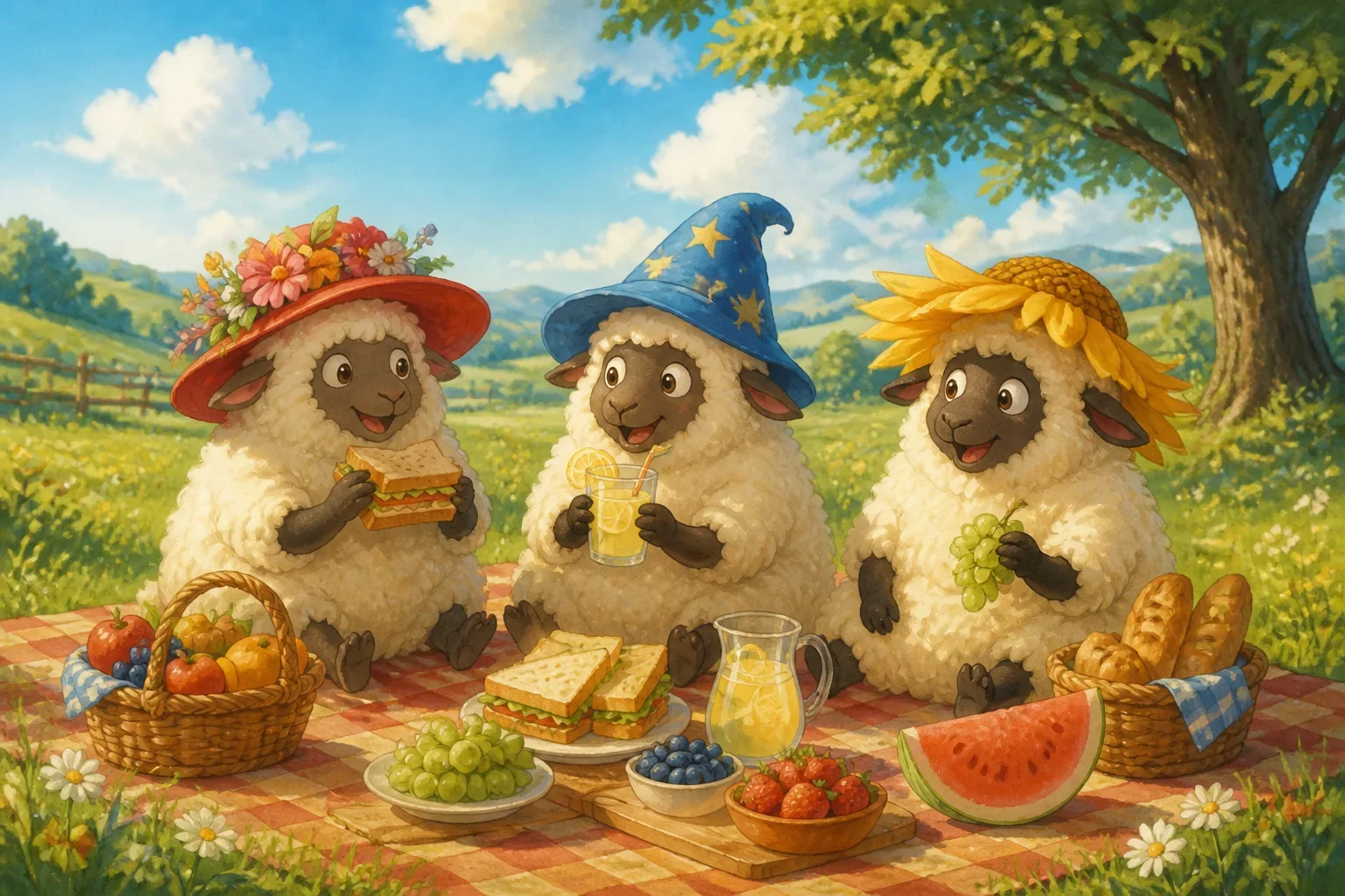 Three fluffy sheep wearing colorful, oversized hats enjoying a picnic in a sunny field with green grass and blue sky.