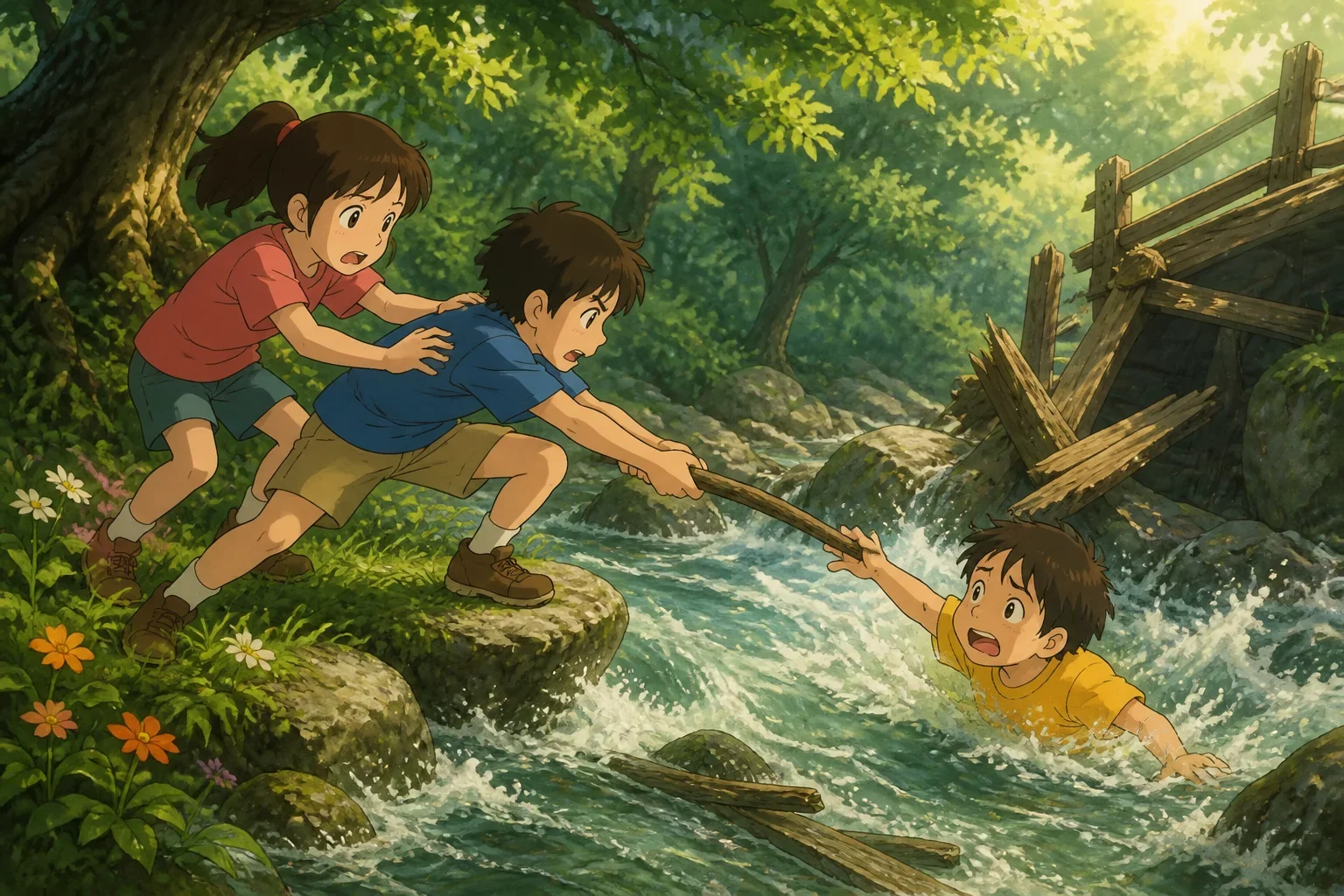 Three children, Lily, Sam, and Alex, working together to save Sam from rushing water after the wooden bridge broke during their forest adventure.