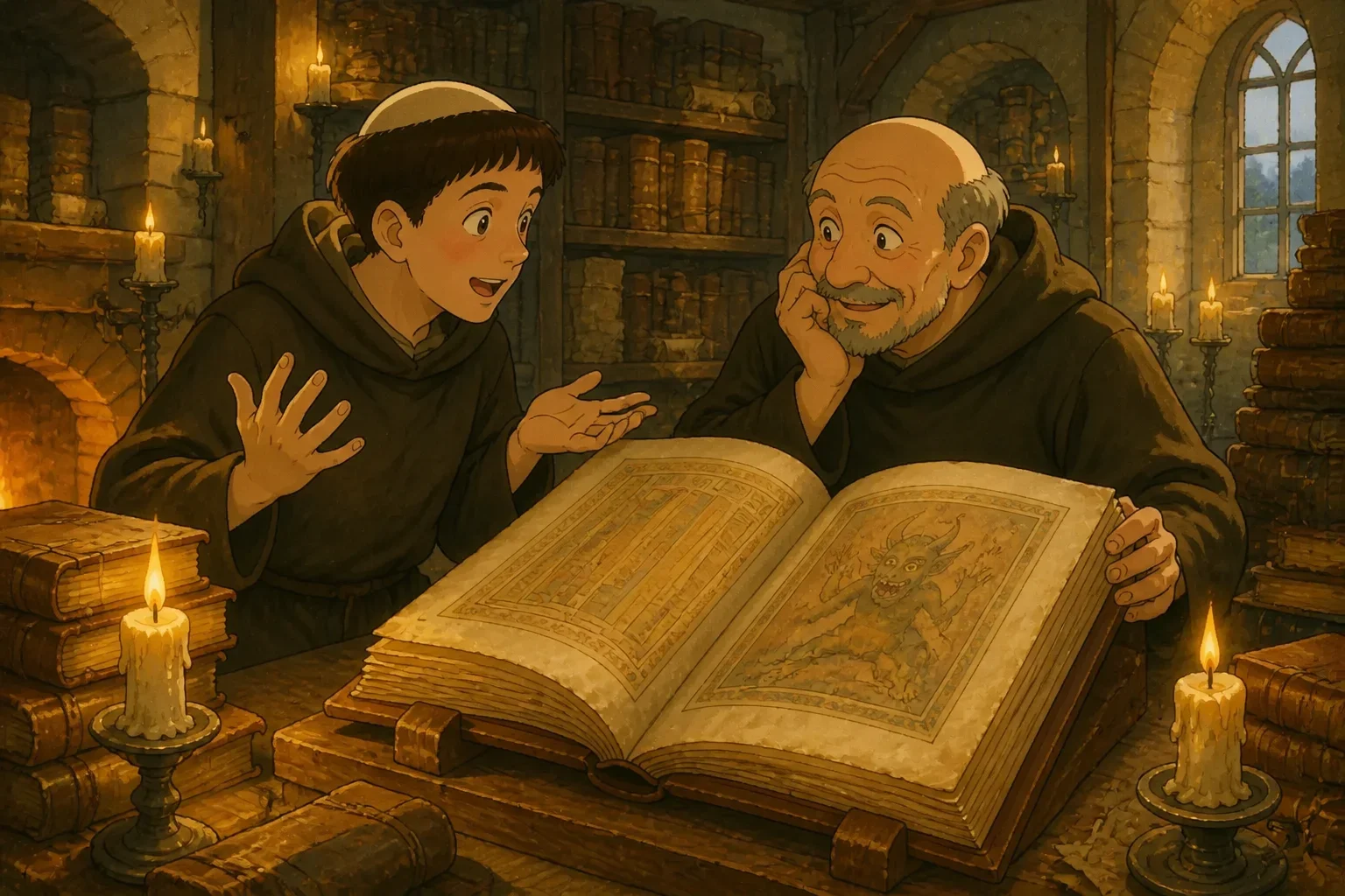 Two monks having a lively discussion about the legendary Devil's Bible in a cozy monastery corner.