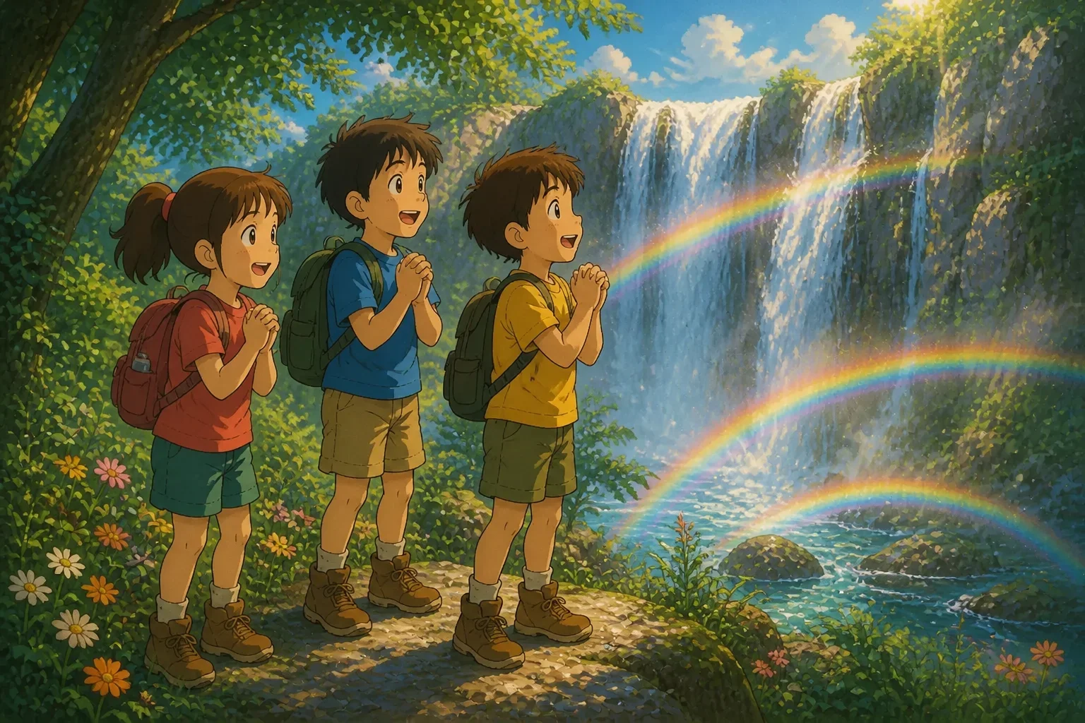 Three friends, Lily, Sam, and Alex, standing together and making wishes at a shimmering rainbow waterfall, with rainbows in the mist.
