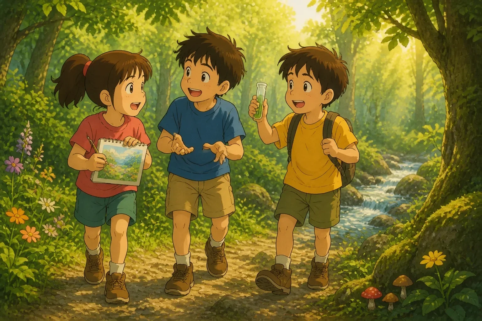Three children, Lily, Sam, and Alex, exploring through a forest, sharing stories and dreams, with vibrant trees and flowers around.