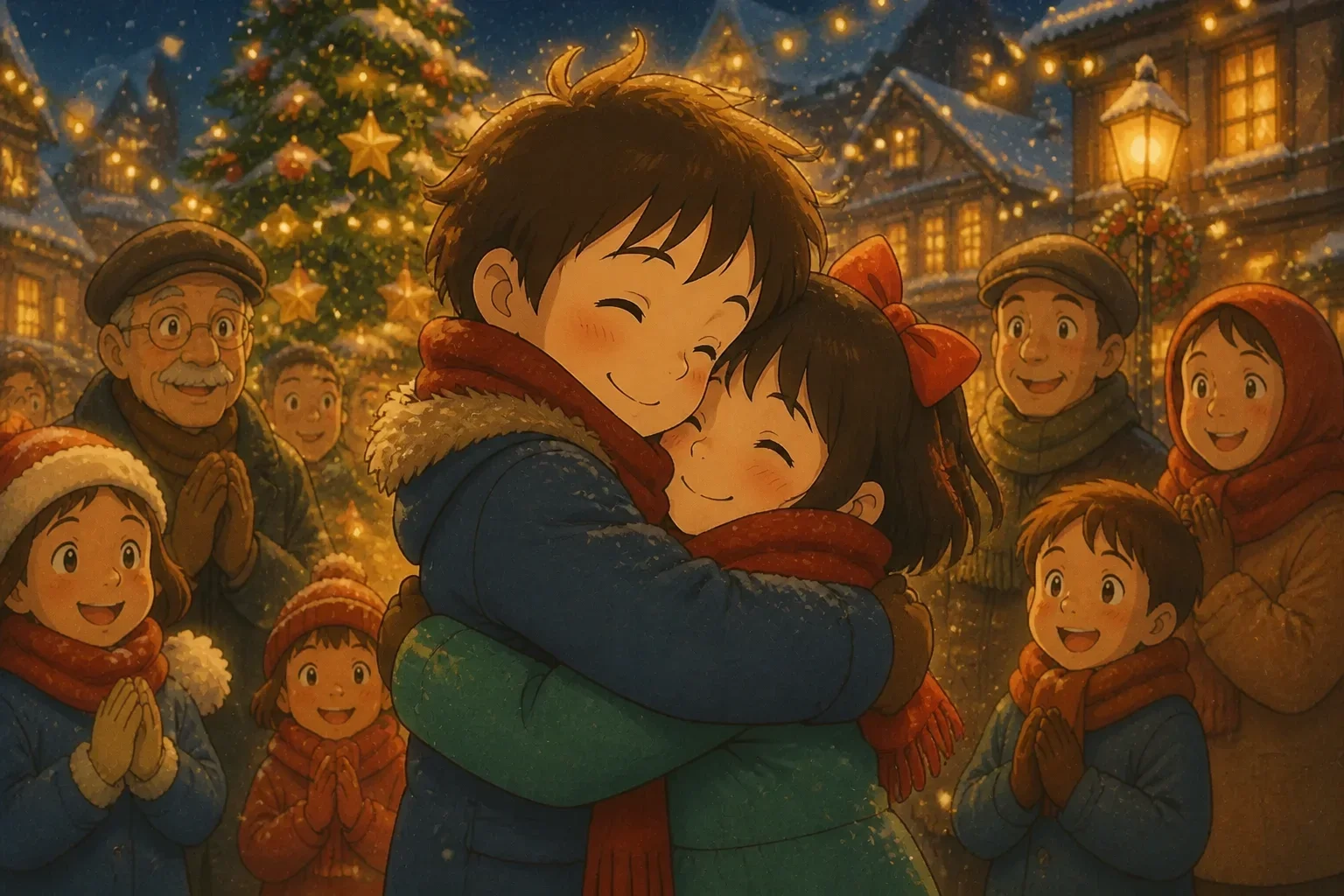 A young boy and girl embracing in the snowy town square on Christmas morning, with a Christmas tree and lights in the background.