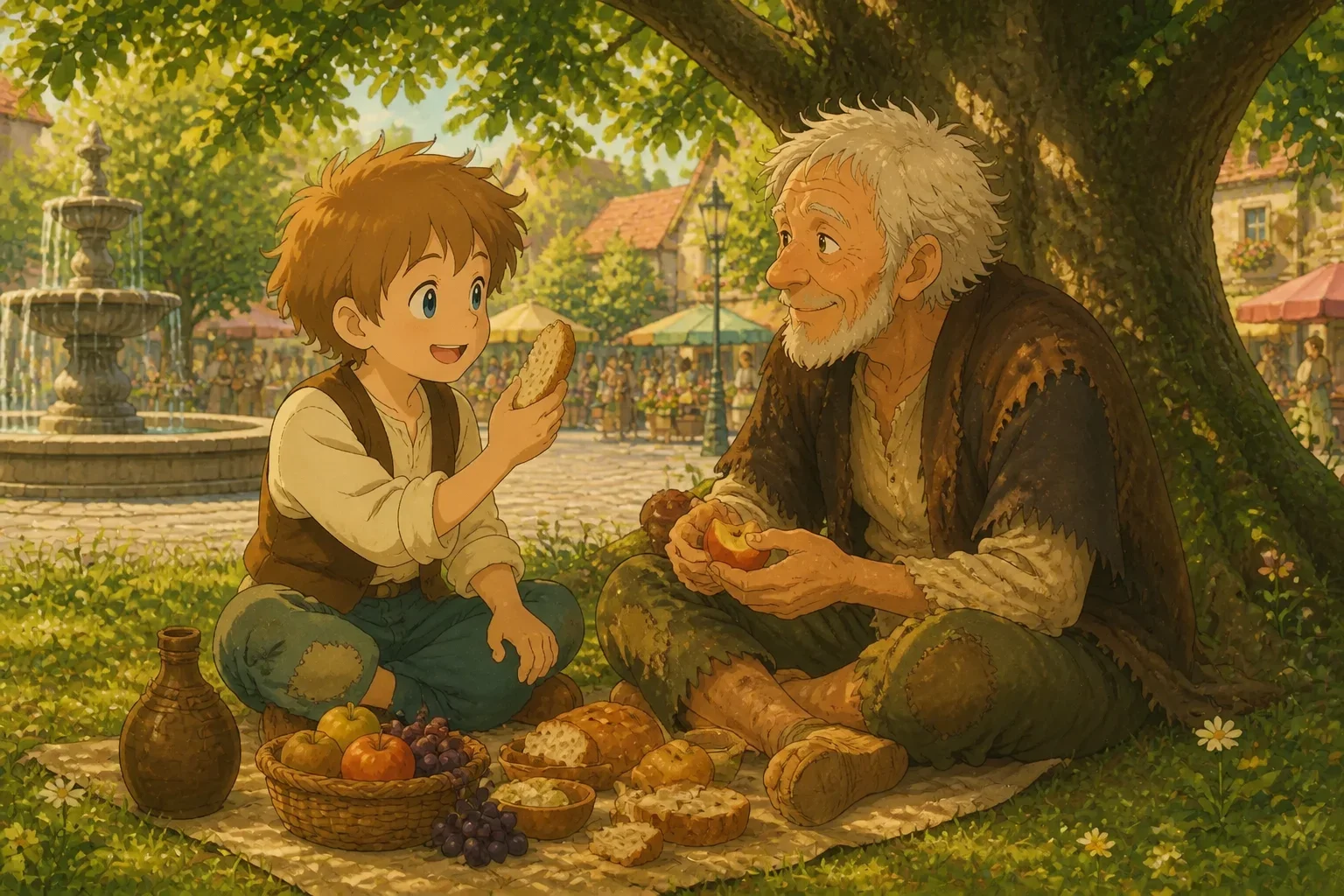 A young boy and an old beggar sitting together under a large oak tree, sharing food and stories with joyful expressions.