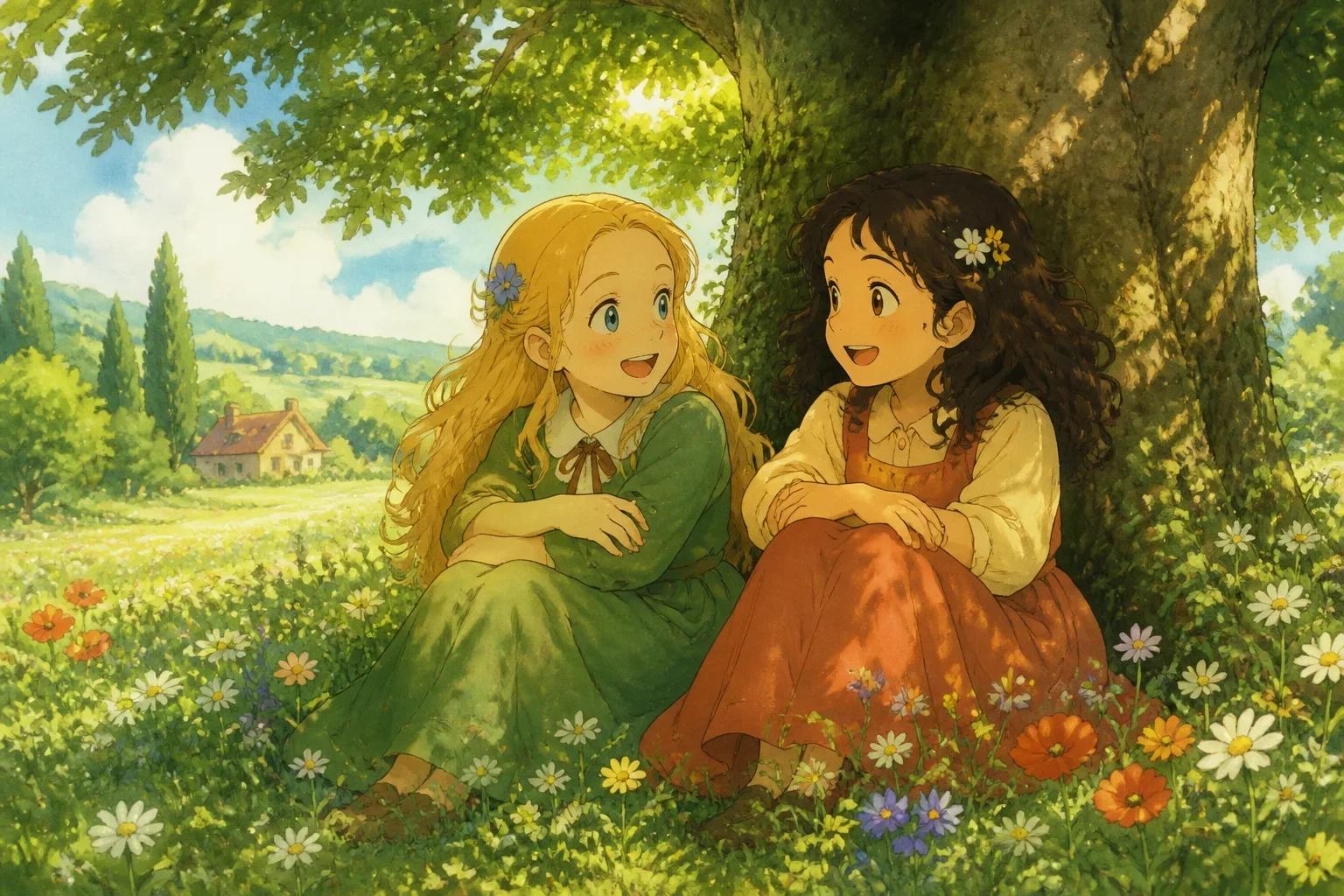 Two girls, one with long golden hair and the other with dark curly hair, sitting together under an old oak tree in a lush green meadow, sharing secrets and smiling warmly.