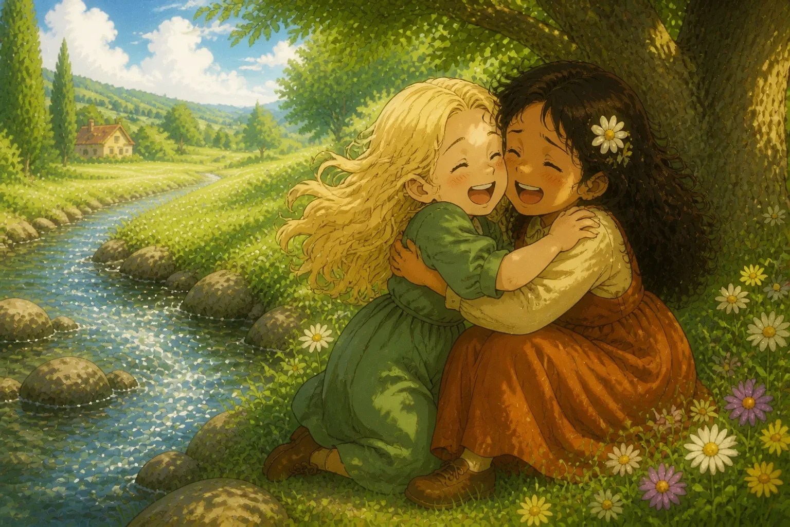 Elena and Lila embracing under the oak tree, tears of happiness, with a bright blue sky and blooming flowers around them.