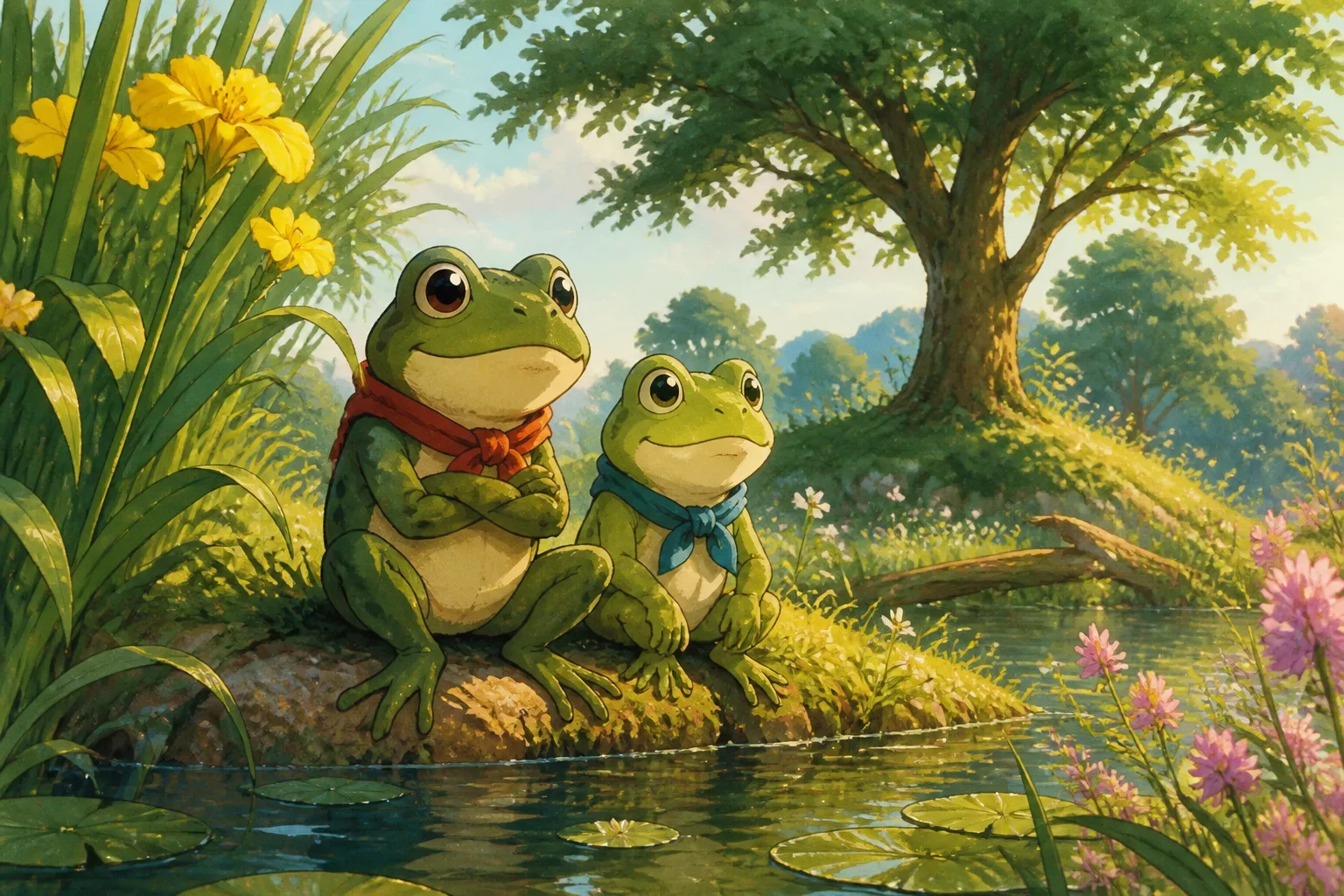 Two cheerful frogs, Benny and Tommy, sitting together on a lush green pond bank under bright sunlight, surrounded by tall grass and blooming flowers, preparing for their adventure in a vibrant, colorful setting.