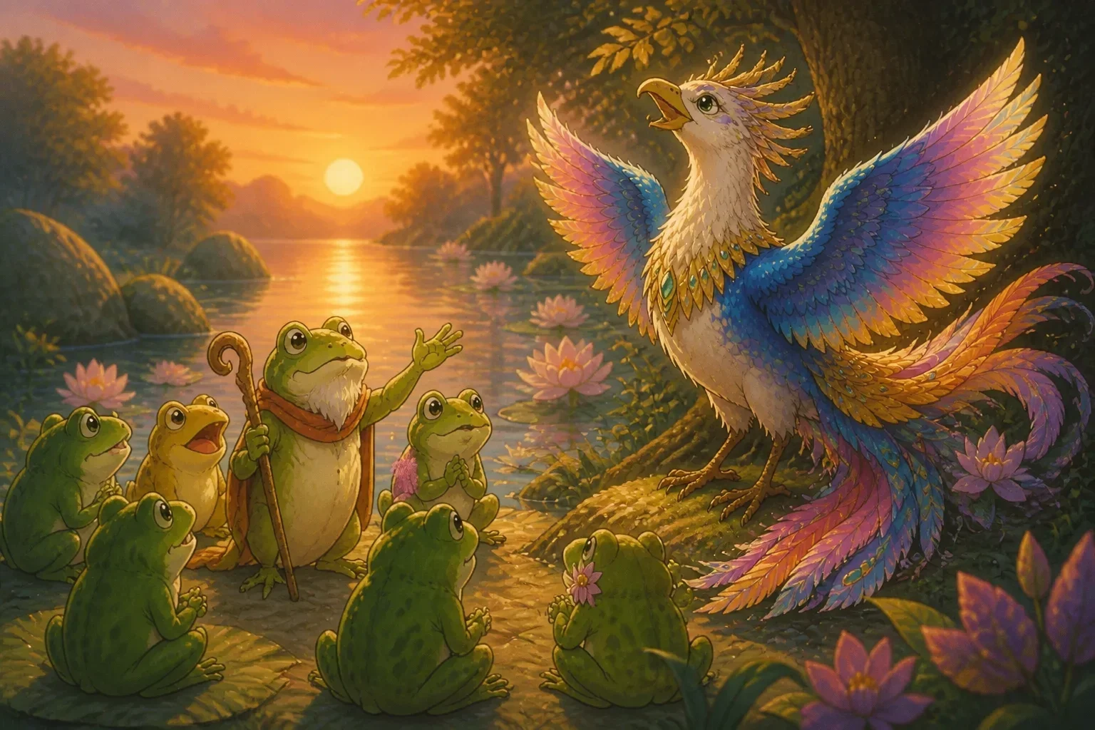 Elder Ribbit and the other frogs bravely approach the mighty bird king, politely asking for their freedom back, with the pond at sunset in the background.