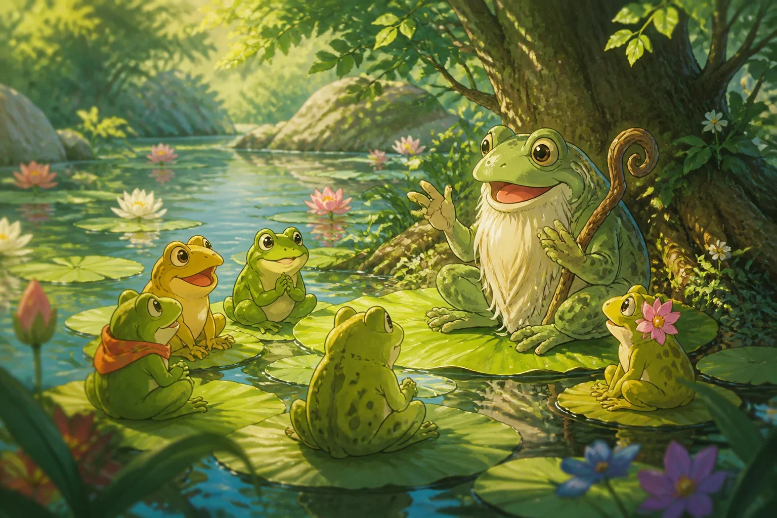 A group of cheerful frogs sitting on lily pads in a lush pond, discussing their desire to have a king while Elder Ribbit, a wise frog, shares stories.