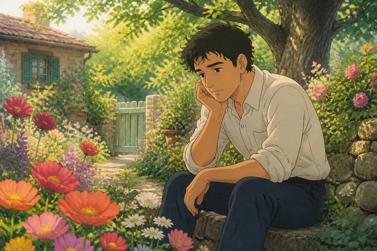 A peaceful garden scene with John sitting contemplatively among colorful flowers, looking wistfully into the distance, illustrating his obsession with the past.