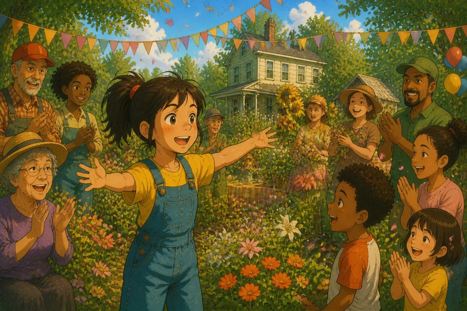 The garden in full bloom with Rosie and neighbors celebrating the grand opening, colorful flowers, smiling faces, and a festive atmosphere.