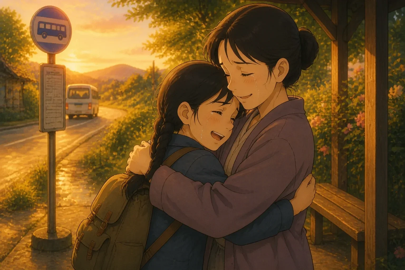 A girl and her mother sharing an emotional farewell at a bus stop, with the mother expressing pride and love as the girl prepares to leave for college.
