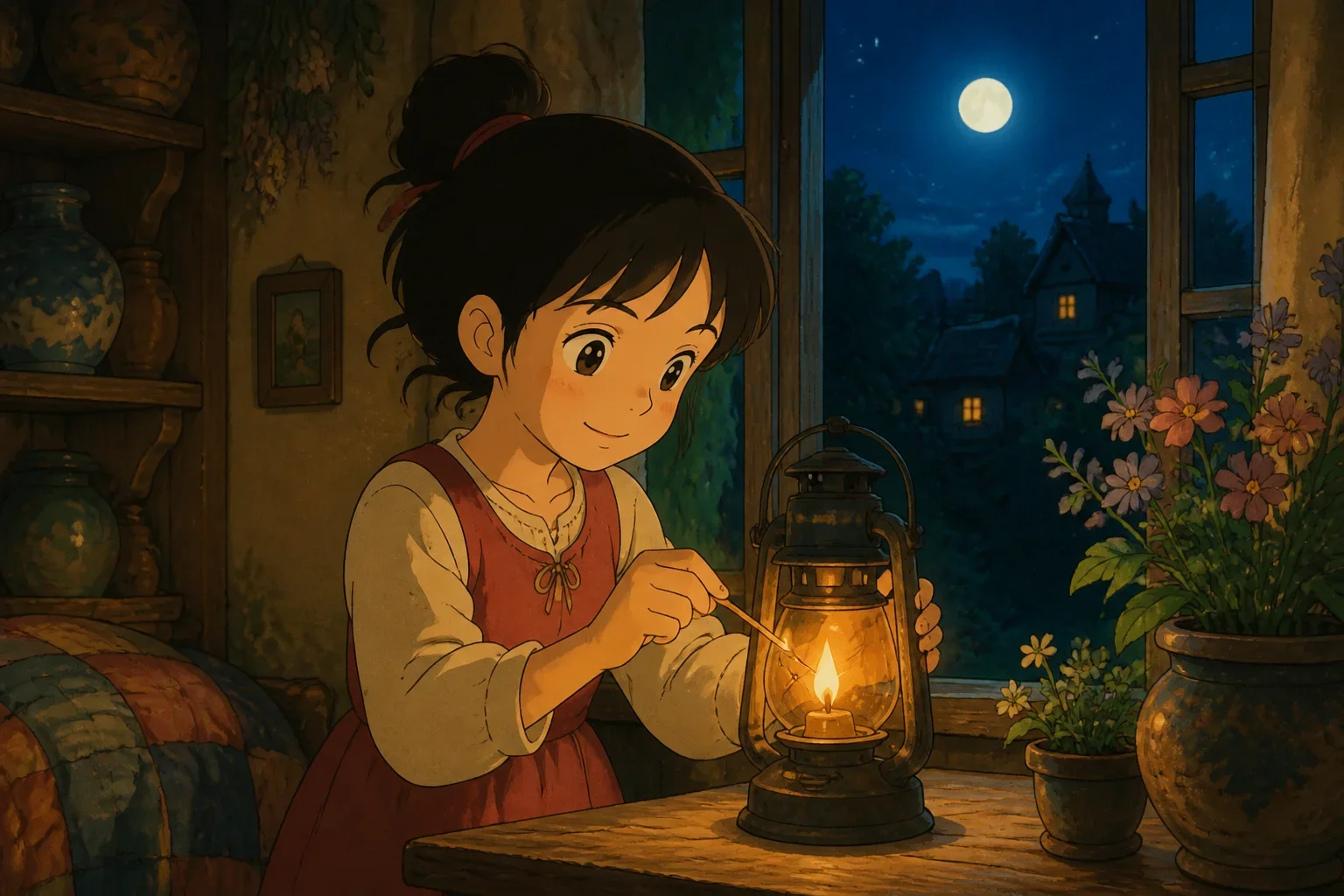 A young girl with dark hair and bright eyes lighting a glowing lantern on her windowsill at night in a cozy cottage.